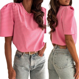 Klasyczny t-shirt poduszki w paski różowy czerwony bufki bawełna XS S M