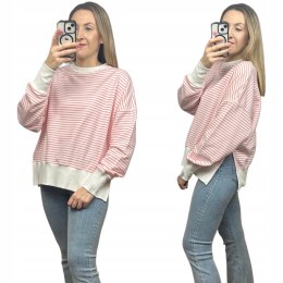 Koralowa bluza oversize paski bawełniana rozcięcia produkt polski Lenoshka