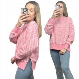 Różowa bluza oversize paski bawełniana rozcięcia produkt polski Lenoshka