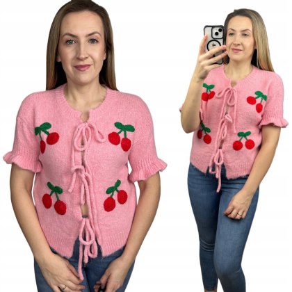 Różowy sweterek krótki rękaw falbanka wiśnie cherry wiązany kokardki Azara